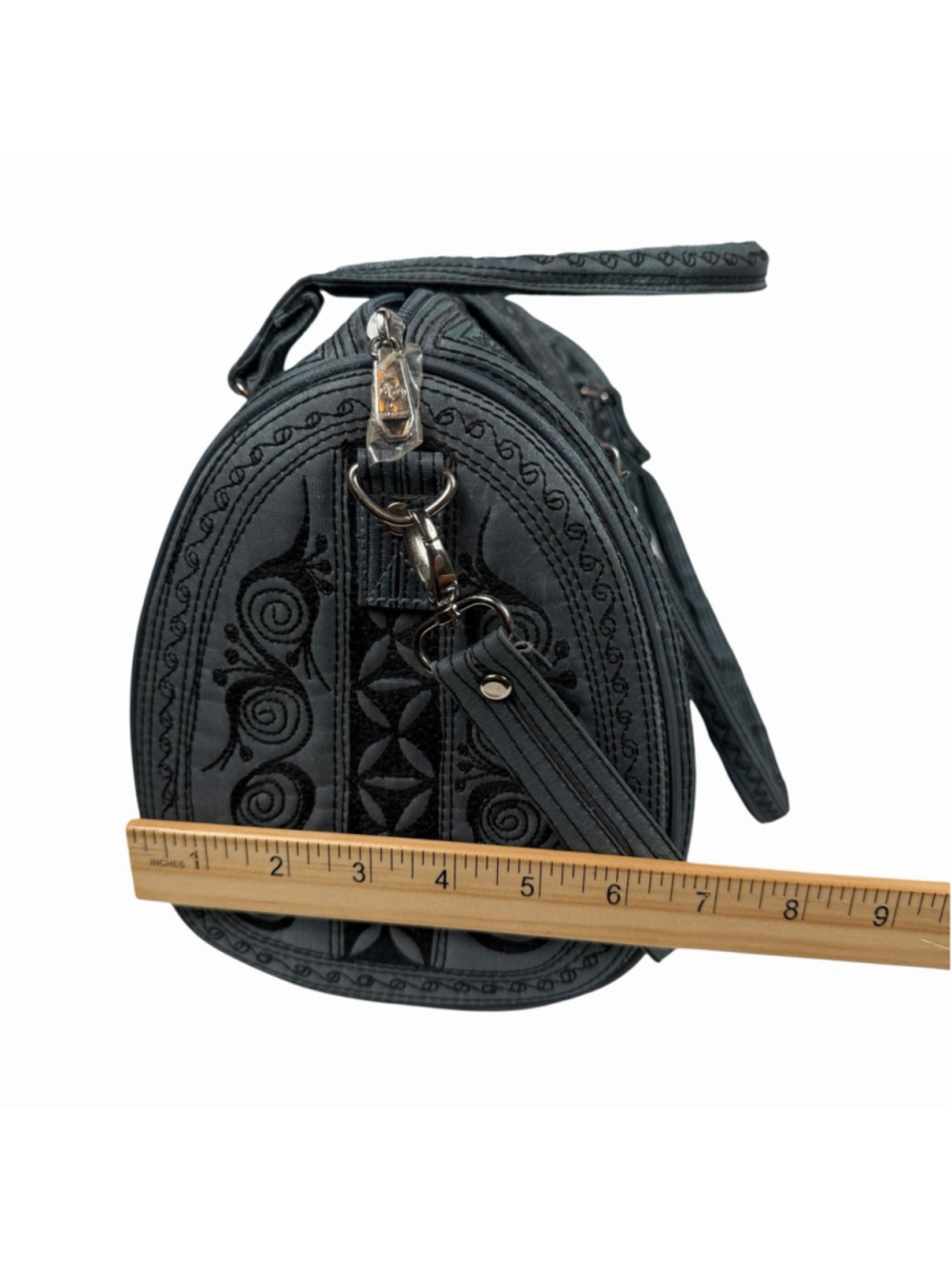 Banda Bags Hitam Large Barrel Purse Gray Blue Floral Shoulder Adjustable Strap - Picture 9 of 10